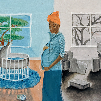 A painting of a pregnant person facing a colourful child’s bedroom with their back to a black and white room with boxes
