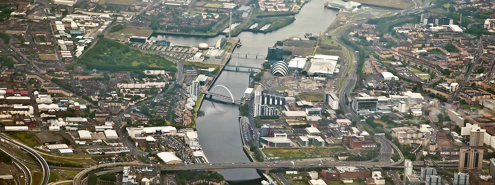 Aerial view of Glasgow city centre and River Clyde