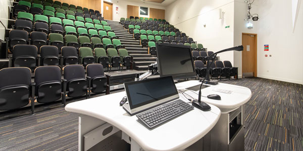 Auditorium C in the Technology and Innovation Centre, view from behind the lectern with laptop.  Photo: Lucy Knott