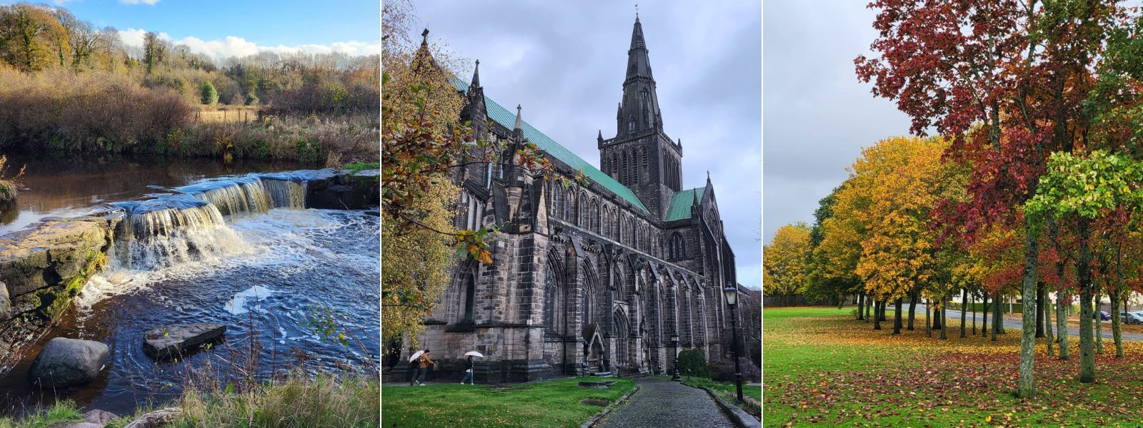 Various locations in Glasgow visited during a stepcount challenge including parks and Glasgow Cathedral