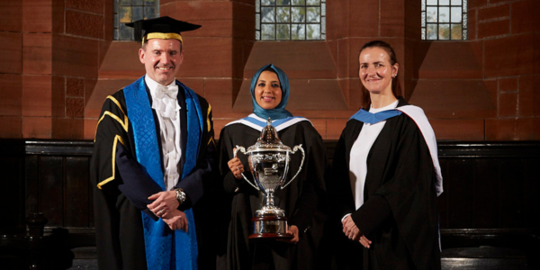 Professor Stephen McArthur, Zara Mohammed, and Reader Therese O'Donnell at the Alumna of the Year ceremony 2023