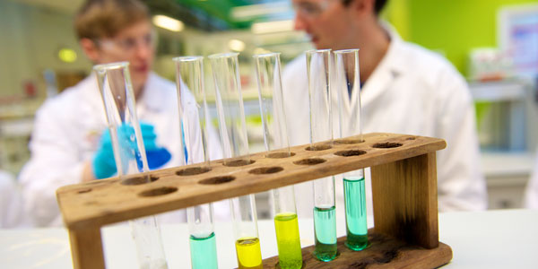test tubes with colourful liquid in focus while two researchers have a discussion in the background, out of focus