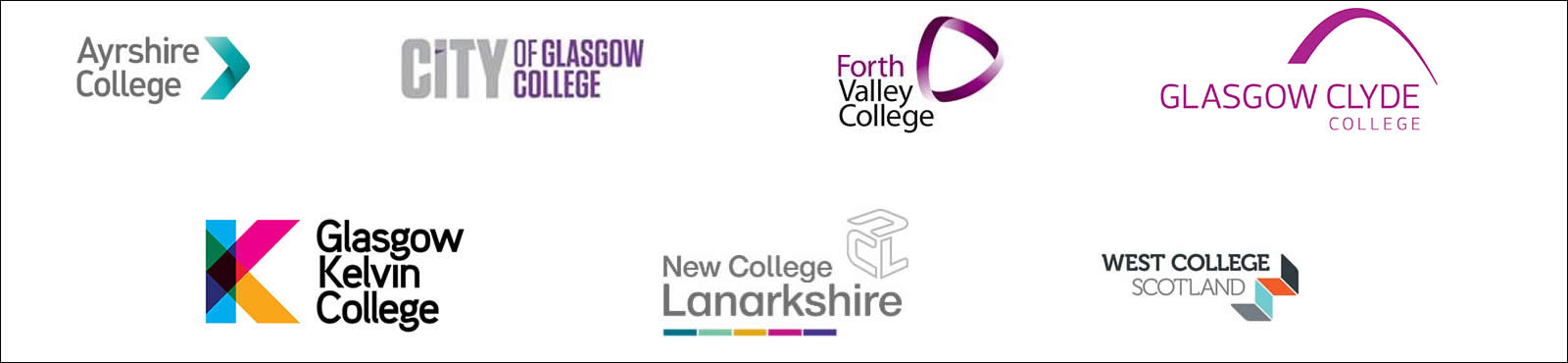Engineering academy college partners logos - Ayrshire College, City of Glasgow College, Forth Valley College, Glasgow Clyde College, Glasgow Kelvin College, New College Lanarkshire, West College Scotland