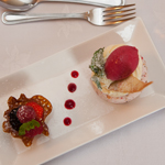 Cranachan Iced Parfait, Macerated Berries with Almond Tuile and Mint Syrup, Raspberry Sorbet