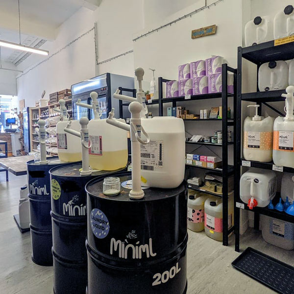 bulk bins and liquids in a zero waste store
