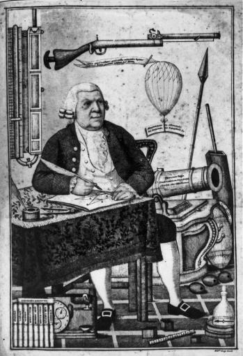 Engraved portrait of John Anderson, illustrated with Anderson's military inventions; musket and fire balloon.