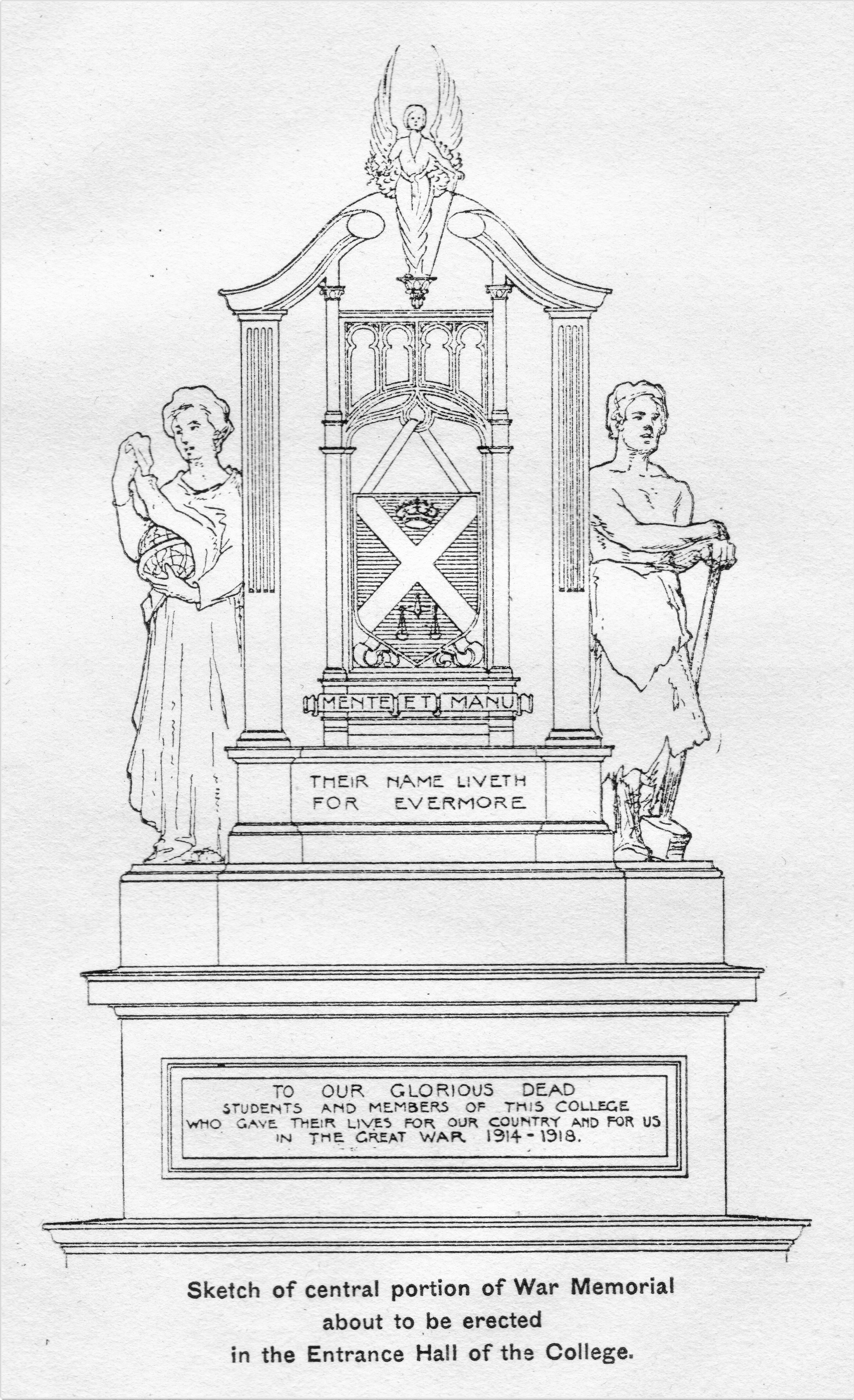 Sketch of central portion of War Memorial about to be erected in the entrance hall of the College. It reads 