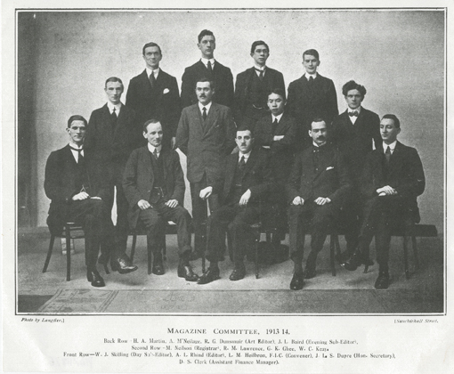John Logie Baird (back row, first on the right) with his fellow Royal Technical College Magazine Committee members, session 1913-1914