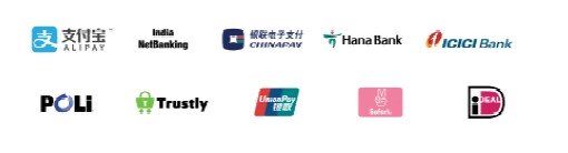 Montage of logos: WeChat Pay, ICICI Bank, Trustly, POLi, Hana Bank, ALIPAY, GEOSwift, iDEAL, SOFORT, Union Pay