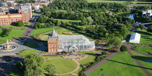 an aerial shot of Glasgow Green - a large park in Glasgow city centre