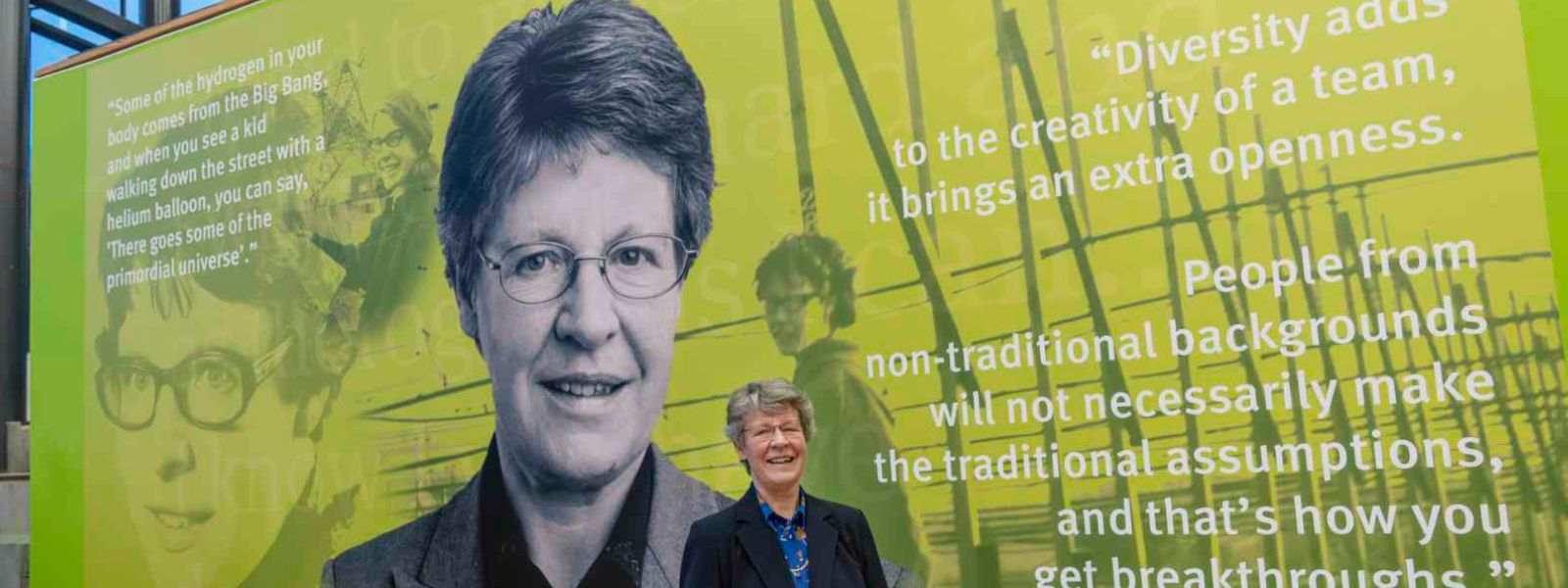 Professor Dame Jocelyn Bell stands in front of a mural dedicated to her at the University of Strathclyde Professor Dame Jocelyn Bell stands in front of a mural dedicated to her at the University of Strathclyde