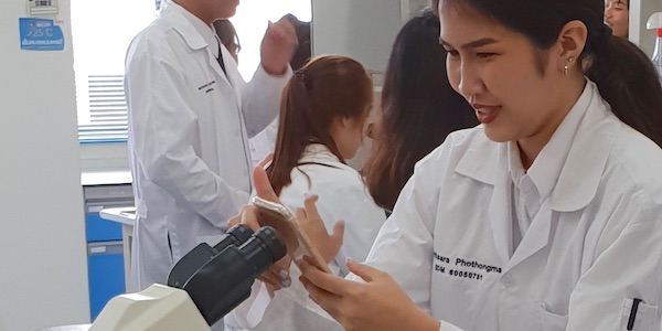 KMITL student in lab using mircroscope