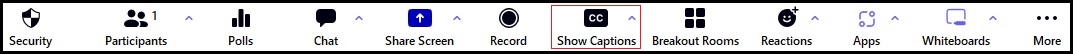 Zoom user interface screenshot with the 'CC' button highlighted, enabling closed captions for enhanced accessibility during video conferences. Zoom user interface screenshot with the 'CC' button highlighted, enabling closed captions for enhanced accessibility during video conferences.