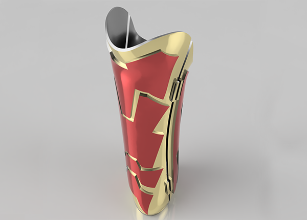 A digital design for a red and gold prosthetic leg cover emulating the style of Iron Man