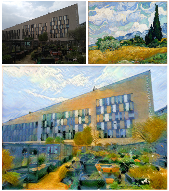 An AI-generated image that applies a painting style to a photo of the University of Strathclyde