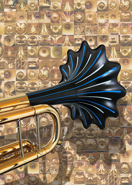 A graphic mock-up of a novel trumpet design with numerous previous designs in the background