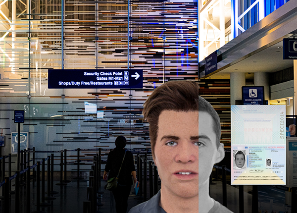 A close up image of a person’s face split to show a hyper-realistic mask that disguising the real face, nest to a photo of a passport with an airport interior in the background
