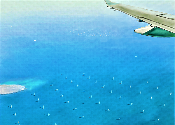 A painting showing the view from a plane window as it flies over a group of offshore wind turbines