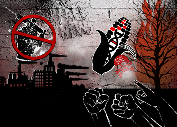 A graffiti style image with anti-vax and anti-GMO imagery