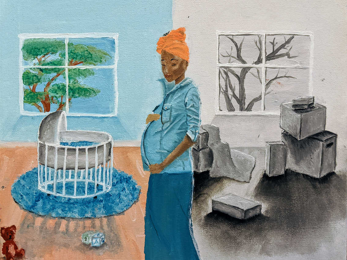 A painting of a pregnant person facing a colourful child’s bedroom with their back to a black and white room with boxes