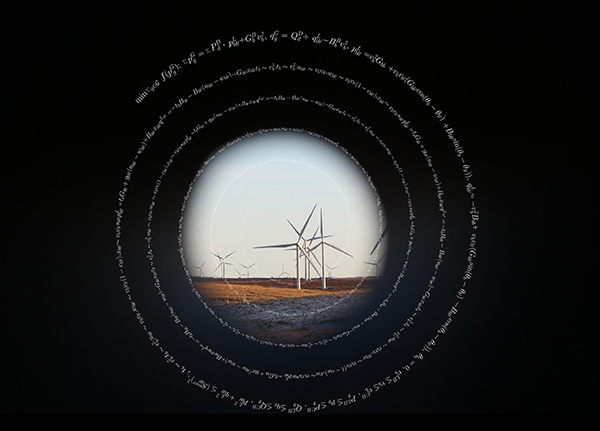 Wind turbines as if looking through a tunnel with mathematic equations spiralling in towards the centre