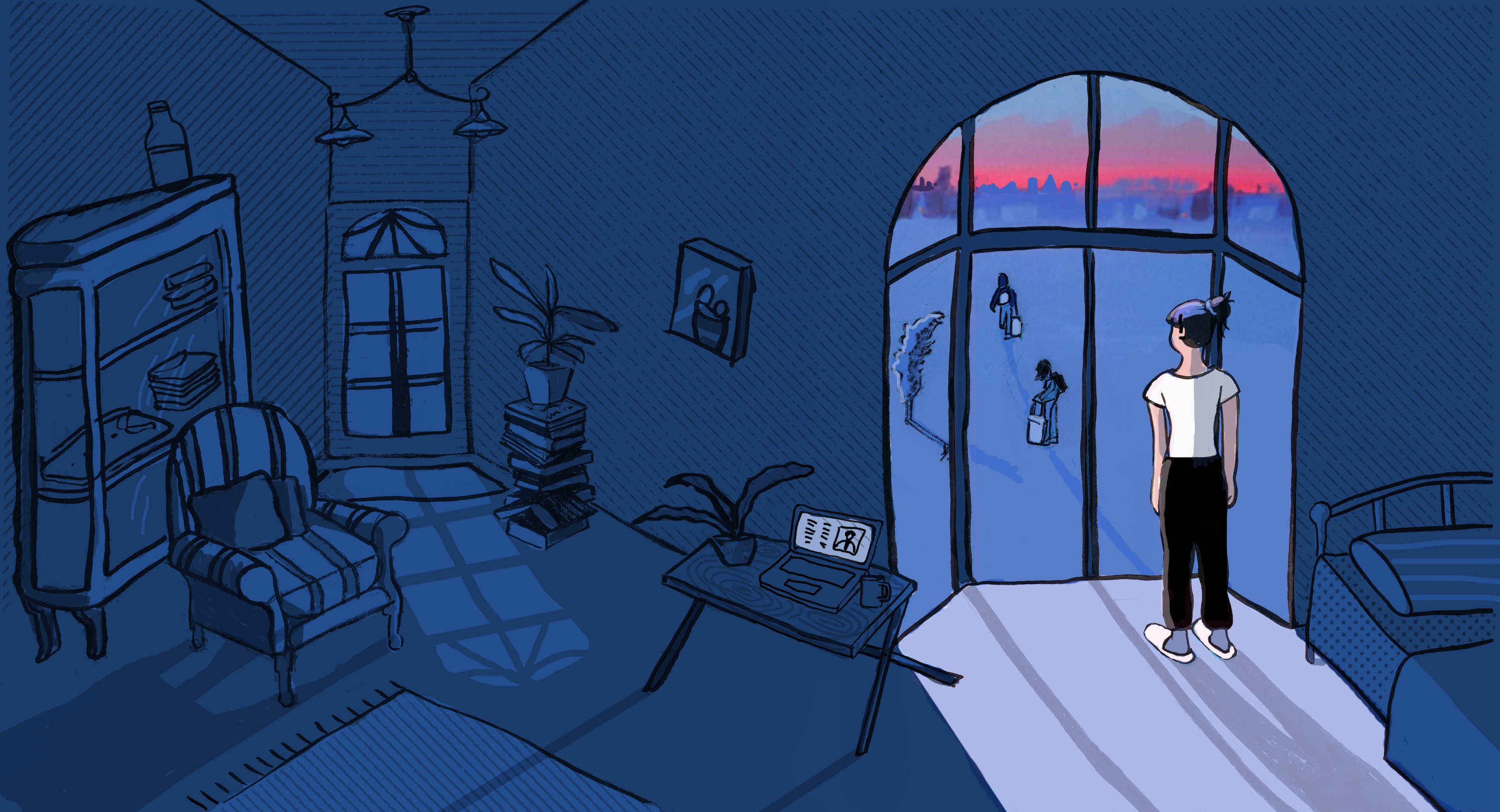 Cartoon-style image of a lonely person standing in a darkened room looking out of the window at people outside