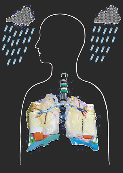 A collage of a person showing their lungs filled with waste plastics