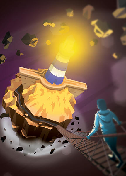Digital art showing a person going down a steep walkway to a crumbling island with a lighthouse on it