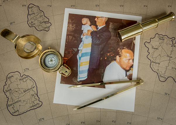 A polaroid family photo on a map with a compass and navigation equipment