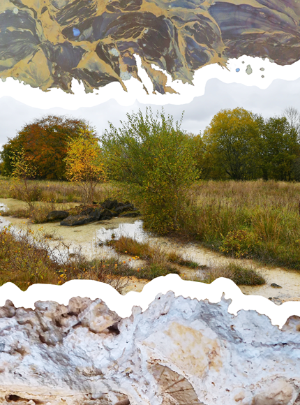 A montage showing contaminated water, limestone and a landscape