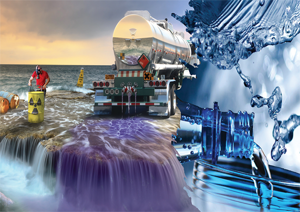Collage of an illustration of a tanker and toxic waste barrels on the sea shore and a photo of a water being poured into a glass from a bottle