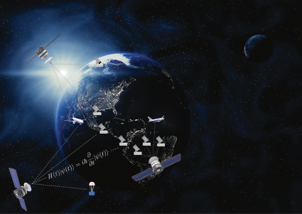 Visualisation of Earth from space with the sun emerging behind it, and satellites sending data back to points on Earth