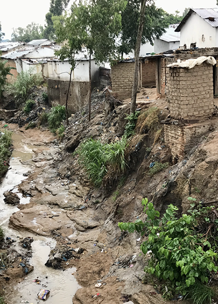 A riverine running past a shanty town in Africa