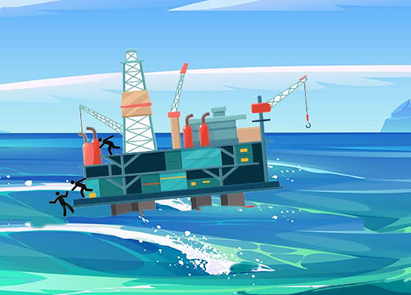 A graphic illustration of an oil rig in turbulent seas