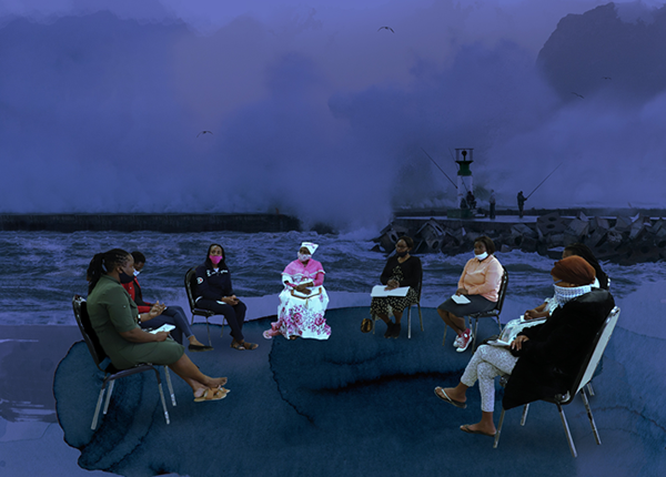 A group of people sit in discussion with people fishing in from a pier in the background