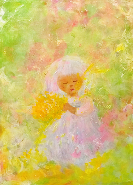 A colourful painting depicting a young girl surrounded by nature