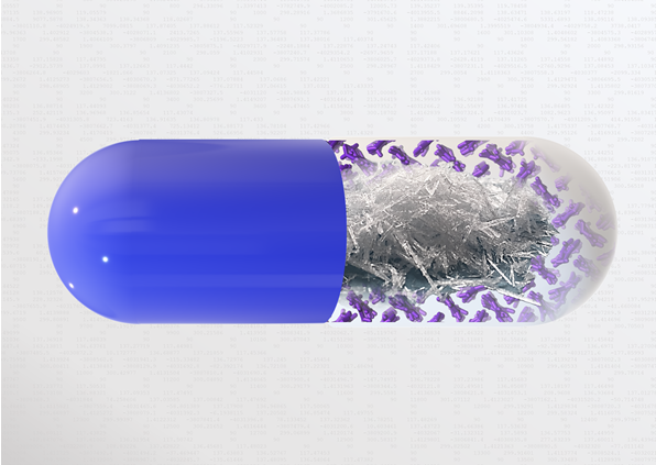 A graphic illustration of a capsule, blue at one end and with crystals at the other end