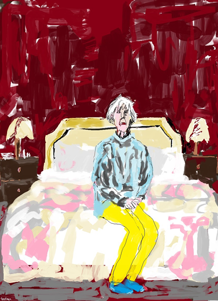A digital sketch showing a lonely, aged women sitting at the end of her bed