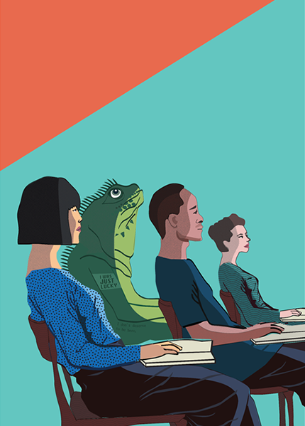 An illustration of people in a classroom with a human-size lizard sitting among them