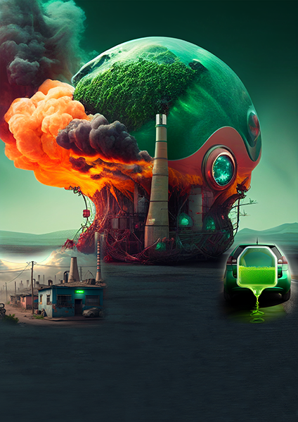 A futuristic representation of a globe with industrial elements at its base, fire at the left side, tall chimney in the middle and forests on top