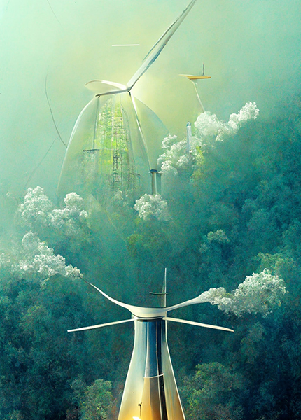 Futuristic towers rise up surrounded by slush green forests with small plumes of steam 