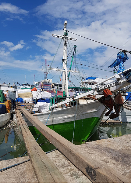 An Indonesian fishing boat moored in a marina
