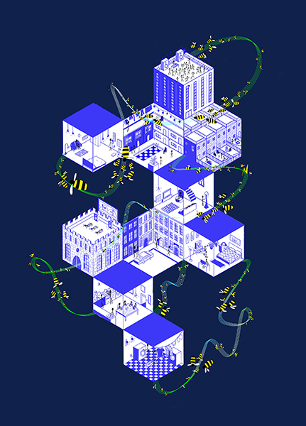 A blue graphic showing linked cubes, representing different buildings. Green lines weave and swirl between the cubes with bees flying along them.