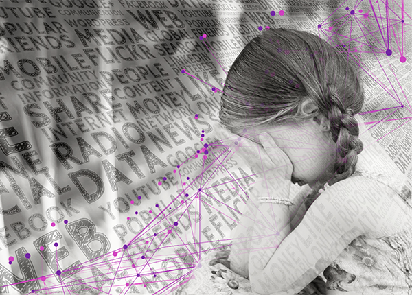 A black and white image of a little girl with her face in her hands facing a tilted wall of words with a network of fine magenta lines joining them up.