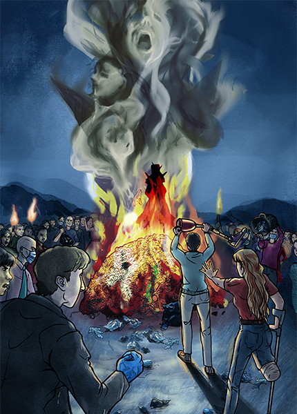 An illustration showing a crowd surrounding a bonfire. A thick cloud of smoke rises into the air forming faces as a man throws a prosthetic leg onto the bonfire.
