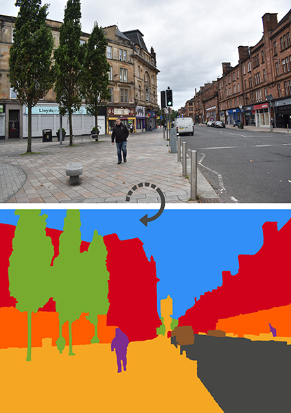 A split image showing a street scene on top and a colourful graphic representation of the scene below