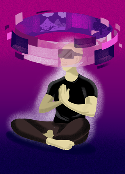 A graphic representation of a person sitting in the lotus position, hands clasped, with a VR headset on and imagery rotating around their head
