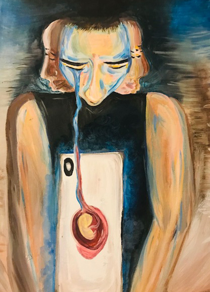 A painting of a person crying – the tear stretching down to a mobile phone and into an image of a foetus 