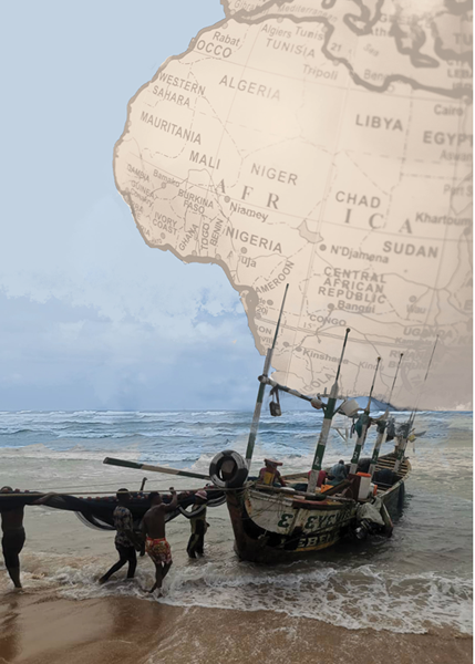 Fishing boat in front of map of Africa