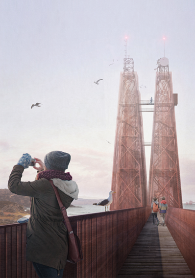 Woman on mobile next to two large towers